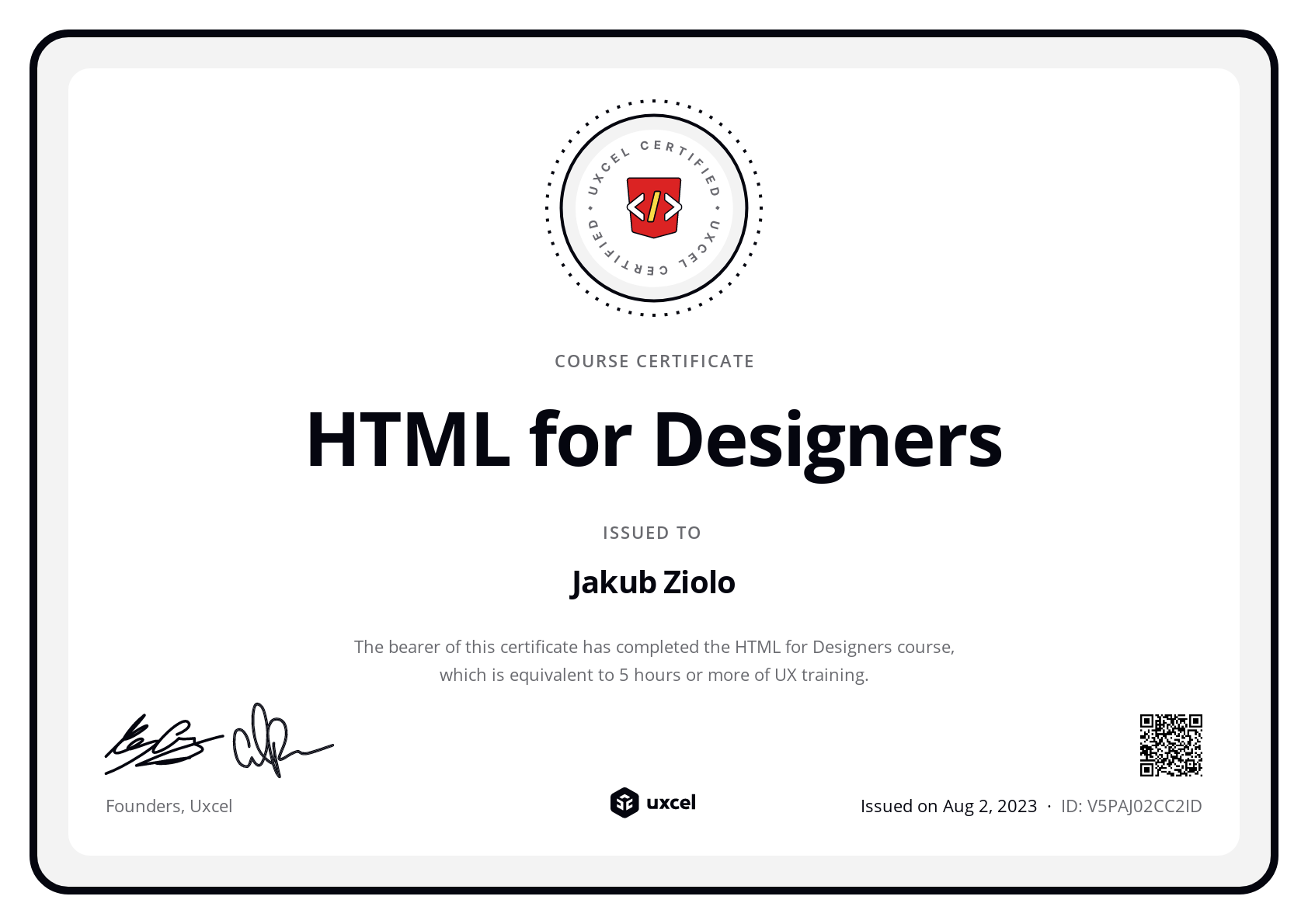 Jakub Ziolo's certificate